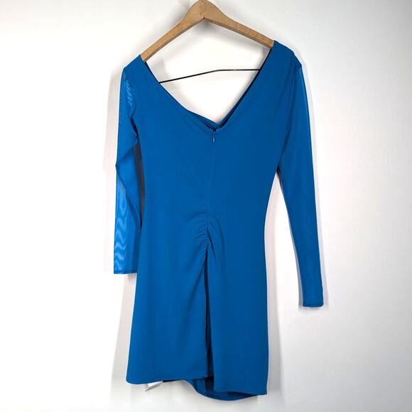 Self-Portrait Blue One Shoulder Ruched Mini Dress Long Sleeve Size 4 Preowned - Picture 5 of 10